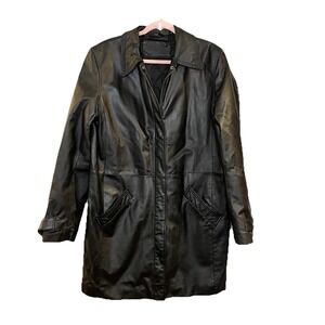Vtg 90s Jacqueline Ferrari LongTrench Black Soft Leather Coat Dress Length Zip M